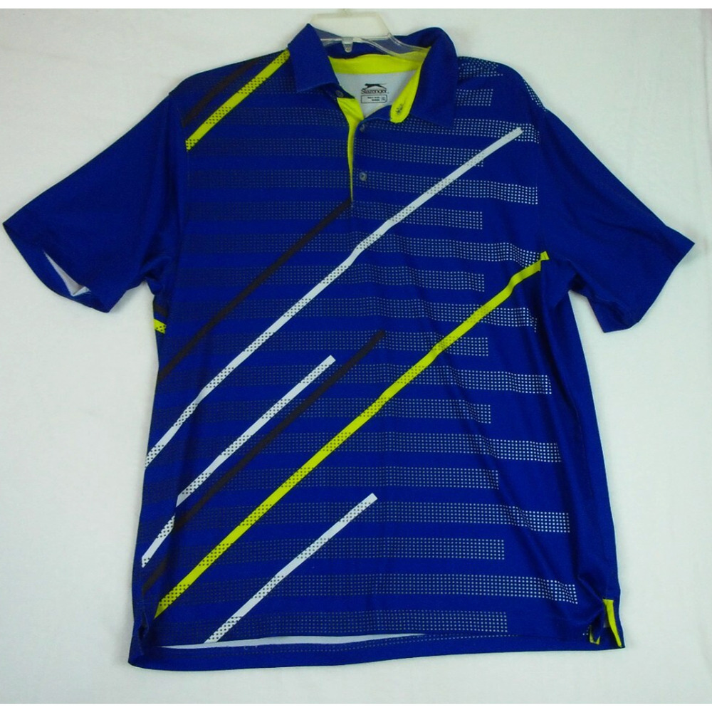 Slazenger Blue & Lime Green Geometric Varied Stripe Polo Shirt Men's XL Golf